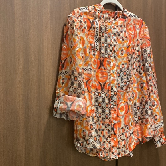 Ruby Rd. Orange Abstract Button Down Top Size 14 Mesh Detail Smocked Back Waist - Picture 7 of 16